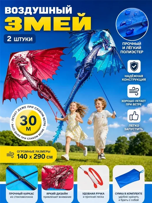 Большой детский воздушный змей Дракон 2 шт, 2 шт