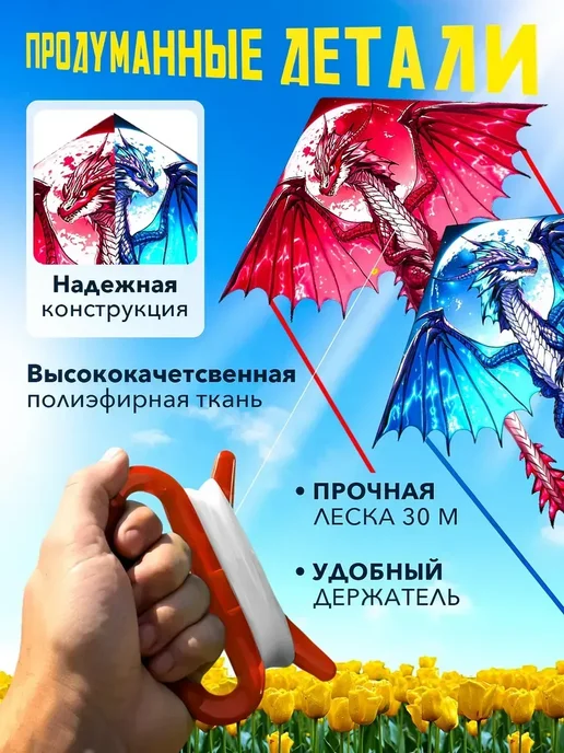 Большой детский воздушный змей Дракон 2 шт, 2 шт, фото 3