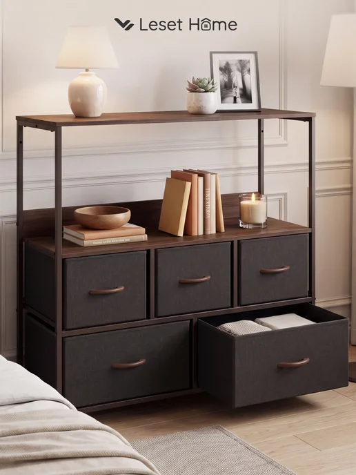 Leset Home Комод Линкс-5 с полкой, каркас Белый, ящики Бежевые, коричневый