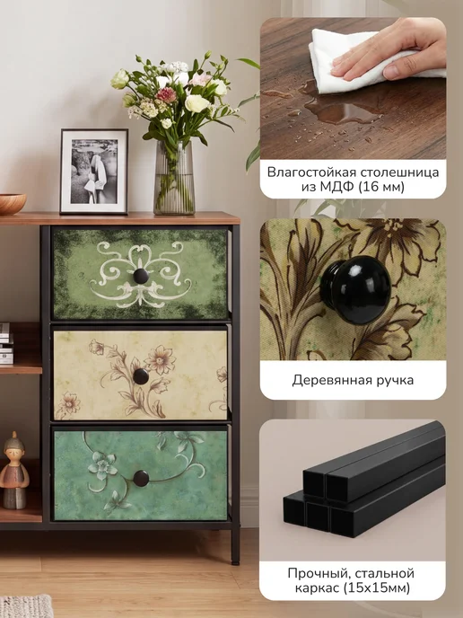 Leset Home Комод Линкс-3 с полками, каркас Черный, ящики Узоры, черный, фото 6