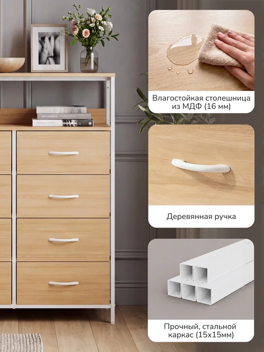 Leset Home Комод Линкс-8 с полкой, каркас Белый, ящики Бежевые, белый, фото 5
