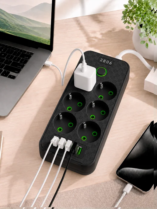 Сетевой удлинитель на 6 розеток и 4 usb порта, черный, фото 8