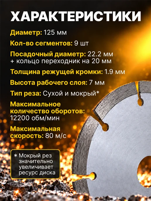 Benzorem Алмазный диск 125 мм по бетону, кирпичу, камню, 9 сегментов, вариант, фото 3