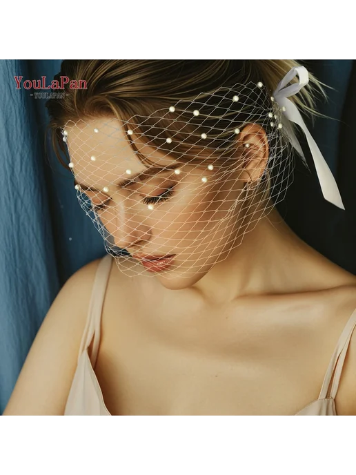 TOPQUEEN Классическая короткая свадебная фата с жемчугом MA3, белый, фото 4