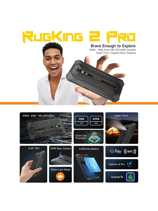 Смартфон Ulefone Rugking 2 Pro 4/64 ГБ, черный, фото 2