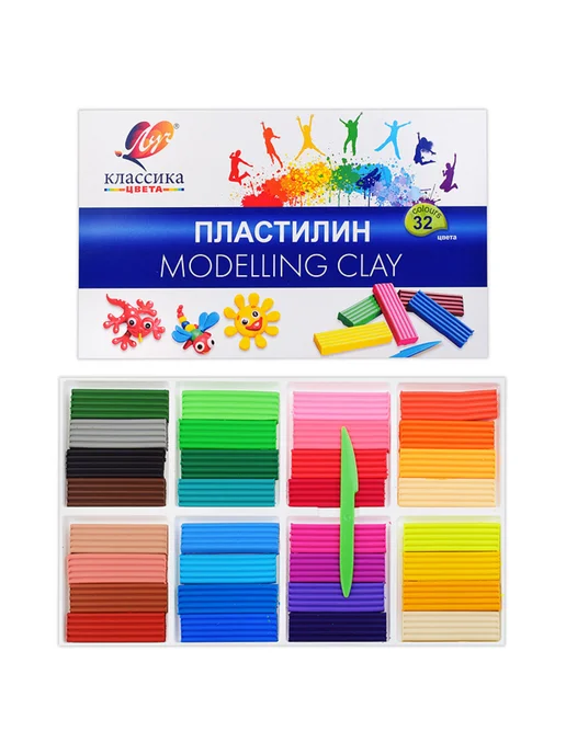 Нет бренда Пластилин 32 цвета для творчества и моделирования, 32 цв.