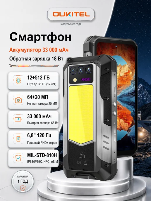 Смартфон OUKITEL Wp100plus 33000 12/512 ГБ, черный