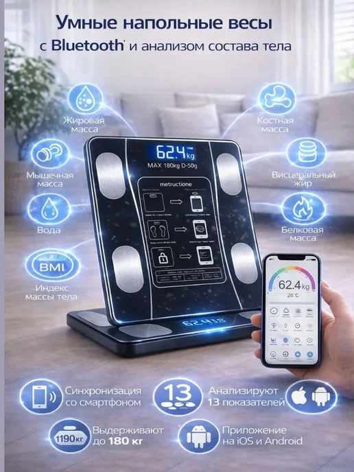 УСТИ Умные весы с анализом состава тела и bluetooth, черный