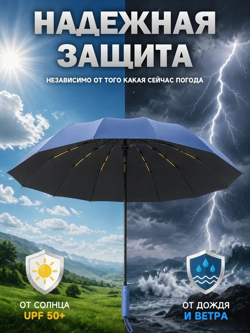 Зонт автомат антиветер 32 спицы сверхпрочный DOLPHIN PREMIUM, синий, фото 6