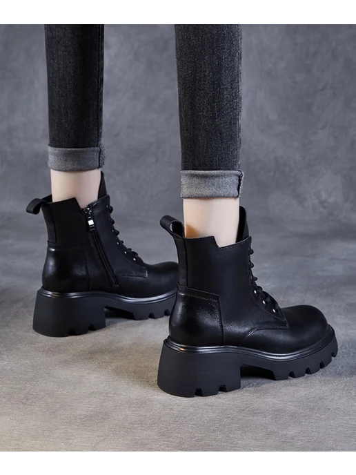 Johnature Кожаная ботинка платформа средняя голень винтаж, черный, фото 7