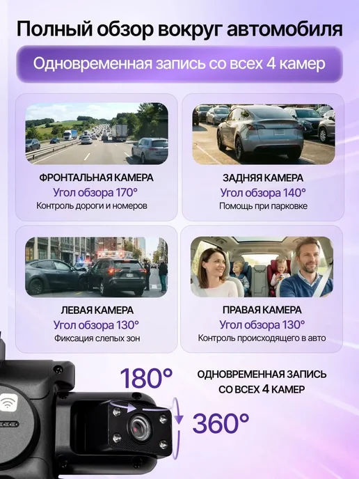 Видеорегистратор для автомобиля 4 камеры, черный, фото 4