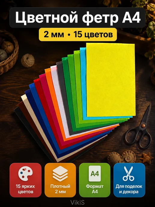 VikiS Цветной фетр А4 2мм для рукоделия 15 цветов, 15 цв.