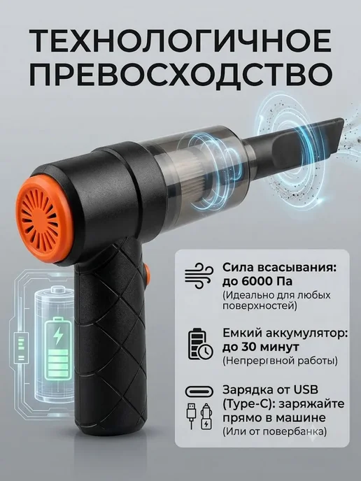 ТЕГИН Пылесос автомобильный беспроводной мощный, черный, фото 3