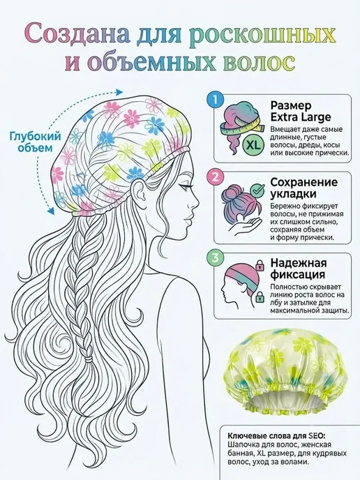 ТЕГИН Шапочка для душа многоразовая водонепроницаемая XL для волос, голубой, фото 4
