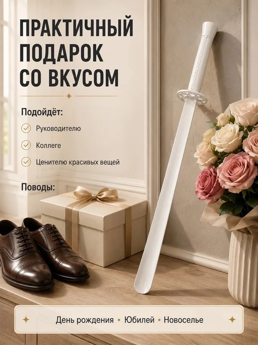 Мастерская СТЕШОВЫХ Ложка для обуви длинная "Роза", бежевый, фото 6