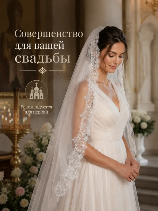 Фата свадебная длинная с кружевом премиум, вариант, фото 2