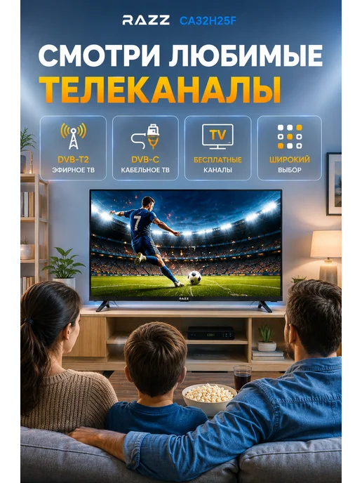 RAZZ Телевизор 32" CA32H25F HD Ready DVB-T2 Frameless, черный, фото 3