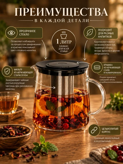 Astix Чайник заварочный стеклянный с фильтром 0,95 л, 1 л, фото 3