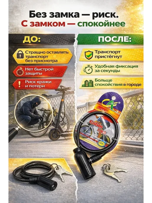 АБАЙУМ Замок для велосипеда с ключом прочный, черный, фото 2