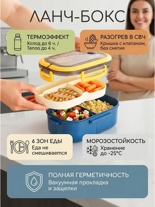 Ланч бокс с отделениями в школу на работу, синий, фото 5