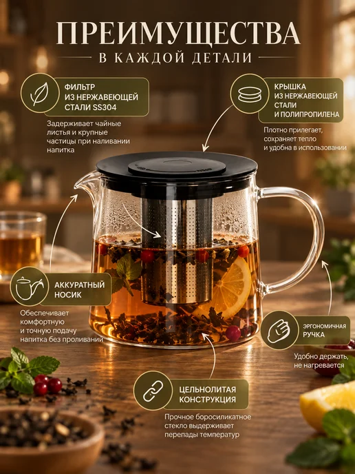 Astix Чайник заварочный стеклянный с фильтром 0,95 л, 1,5 л, фото 3