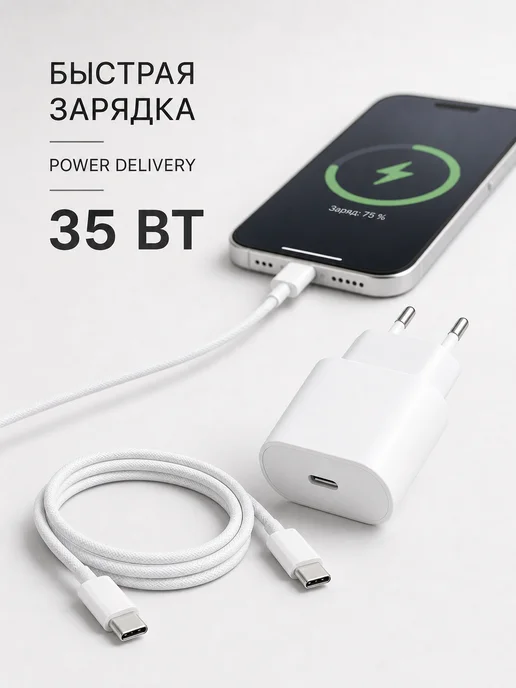 Apple Быстрая зарядка с кабелем эпл Type-C USB-С Type-C 35 Вт, 35 Вт, фото 2