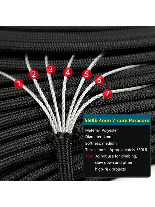 FLYER TANG Паракорд 7-жильный 550 4 мм Black 100meters, черный, фото 3
