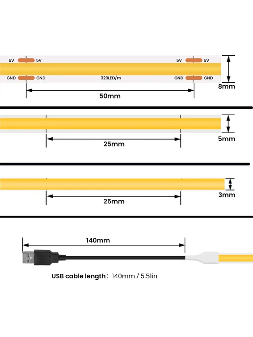 HEGEHE Светодиодная лента COB 5В YELLOW Width 3MM 1m, желтый, фото 5