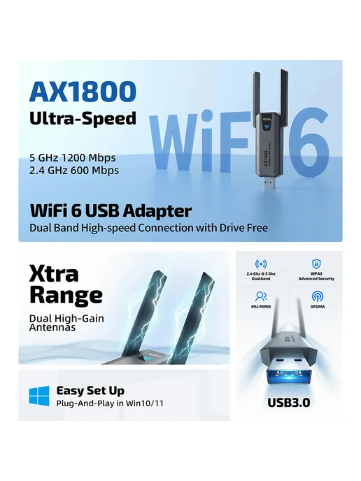 Беспроводной USB 3.0 адаптер Wi-Fi 1800М для быстрого соедин, 1800 м, фото 2