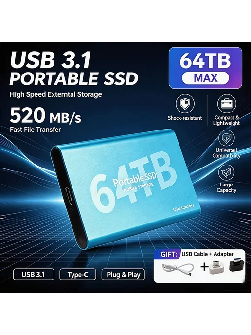 Портативный SSD Samsung 32TB Silvery, 64 ТБ, фото 2