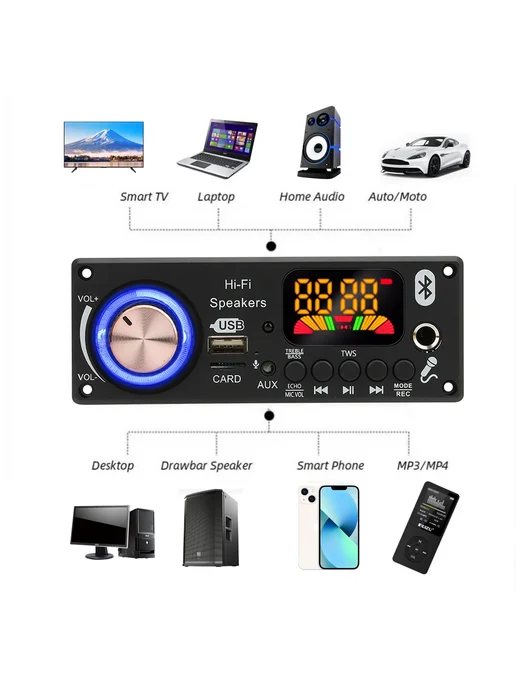 kebidu Bluetooth 5.3 MP3 Декодер-усилитель 200W DC 7V-24V1, 200 Вт, фото 6