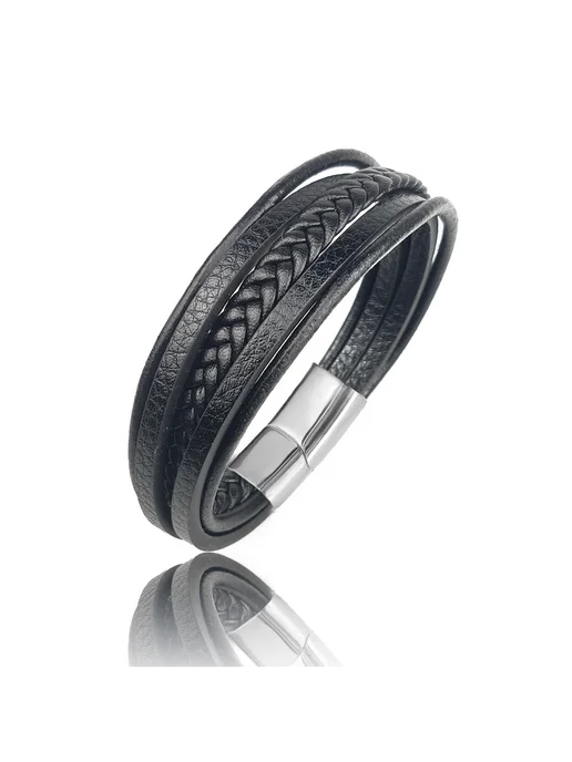 jiangmingao Мужской плетеный кожаный браслет MingAo 28S-black 18,5 см, черный