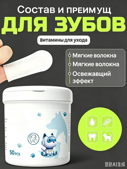 Влажные салфетки для чистки зубов животных, 50 шт, 50 шт, фото 2