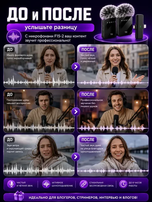 НазМолл Беспроводной петличный микрофон с шумоподавлением, черный, фото 5
