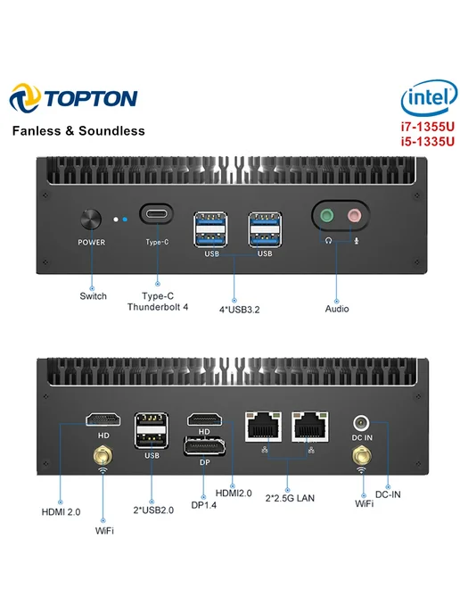 Topton Мини-ПК i7-1355U 1365U No Ram No Rom No OS, Мини-ПК i7-1355U No Ram