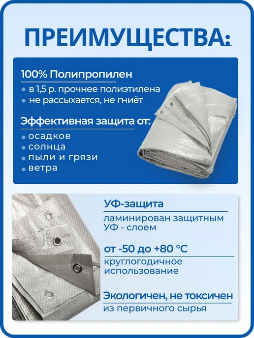 Тент укрывной туристический 3х4 м, 60 г м2 с люверсами (пол, 3x4 м, 4 м, фото 3
