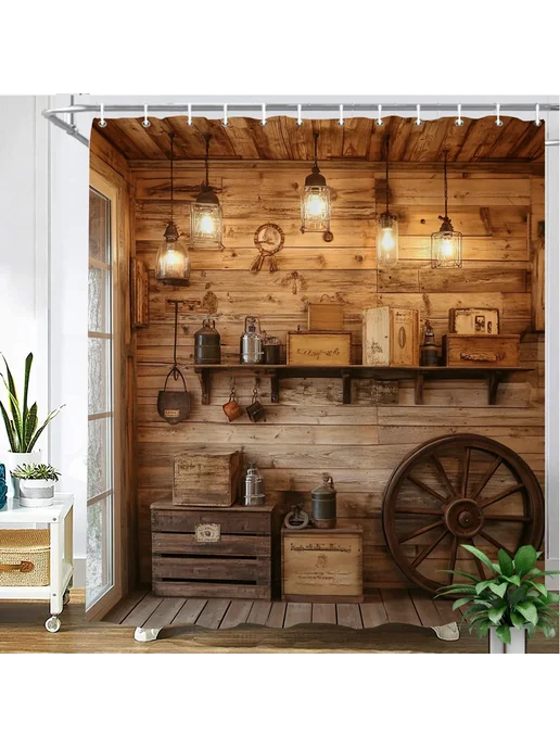 Нет бренда Занавеска для душа Country retro Wooden house 12973SM, вариант