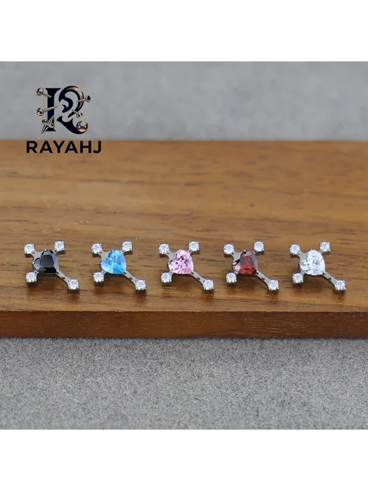 RAYAHJ Серьга-пирсинг крестик с сердечком из циркония, pink, розовый, фото 2