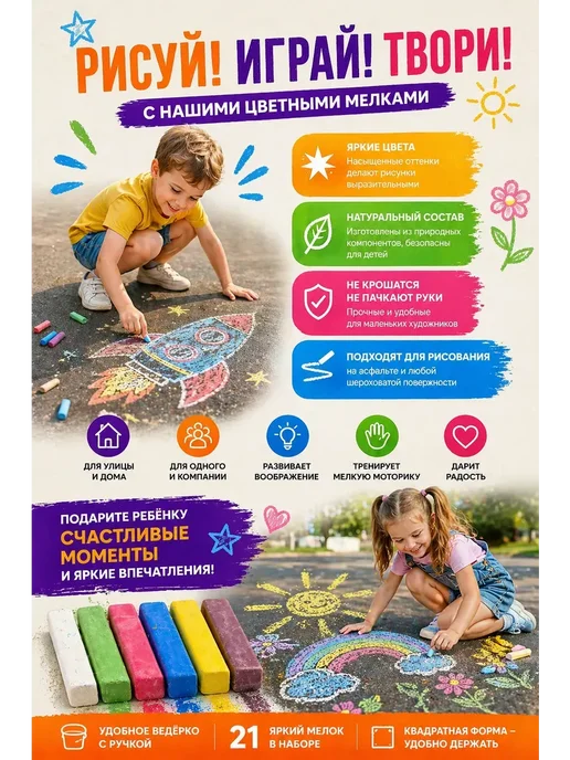 БЖ202 Мелки для рисования на асфальте для малышей цветные 6 штук, белый, фото 6