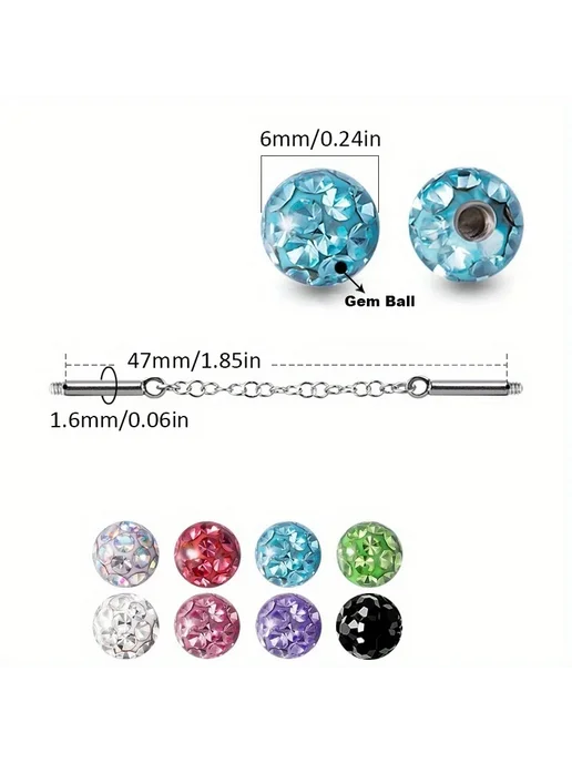 Нет бренда Промышленная штанга для пирсинга, Light Blue CZ, голубой, фото 7