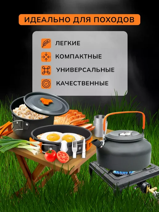 Посуда для похода (кастрюля - котелок, чайник, сковорода), оранжевый, фото 4