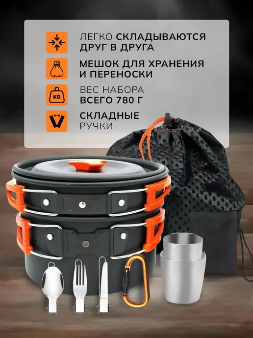 Посуда для похода (кастрюля - котелок, чайник, сковорода), оранжевый, фото 5