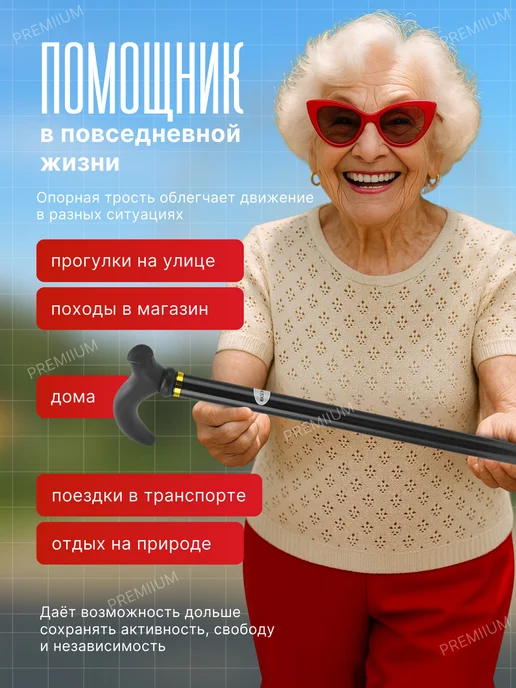 Трость для пожилых с регулируемой высотой, черный, фото 6