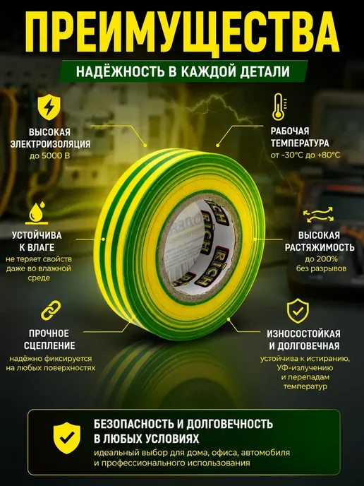 НазМолл Изолента для электропроводки и электрических работ, зеленый, фото 3