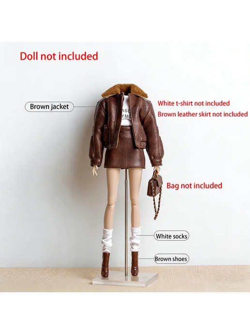 Нет бренда Кожаная куртка и юбка для куклы Jacket Socks Boots, коричневый