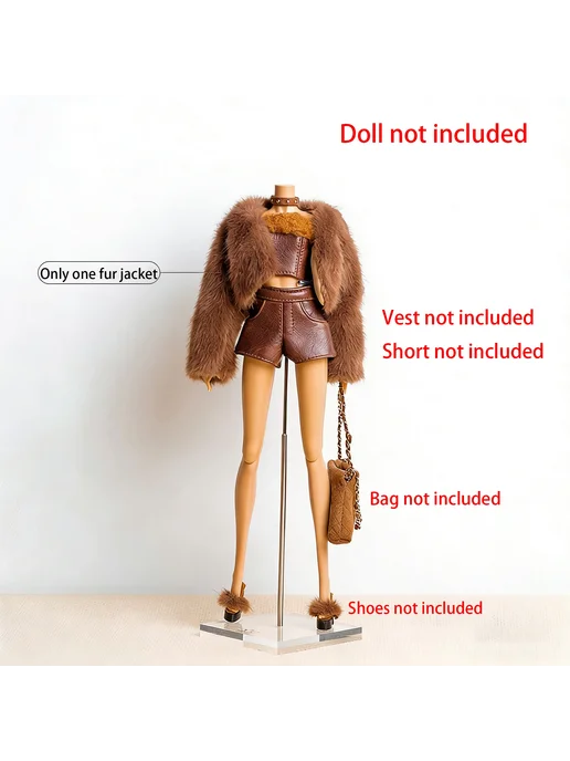 Нет бренда Кожаная куртка и юбка для куклы Jacket Socks Boots, коричневый, фото 2