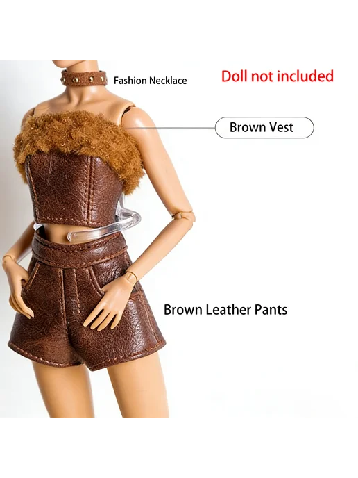 Нет бренда Кожаная куртка и юбка для куклы Jacket Socks Boots, коричневый, фото 3