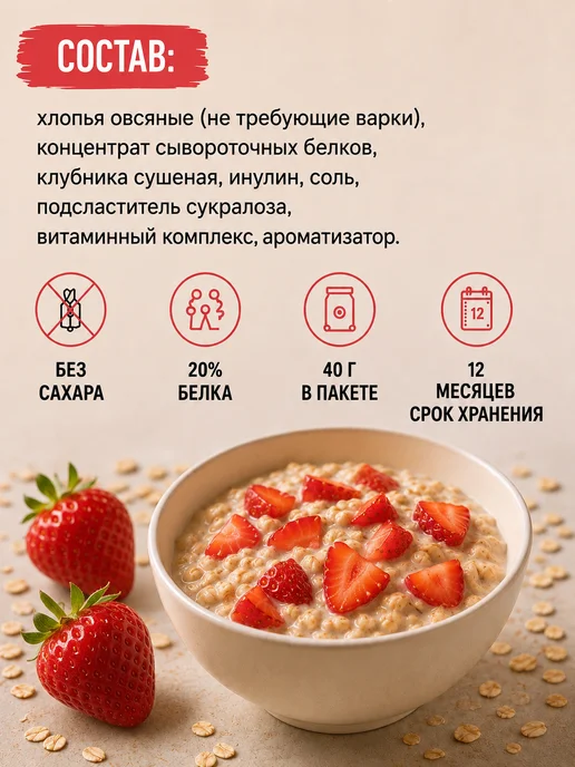 Эстетика вкуса Каша овсяная с клубникой и протеином 3 шт по 40 грамм, 5 шт, фото 2