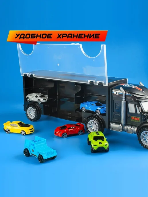 Автоград Грузовик с гоночными машинами для парковки, черный, фото 4