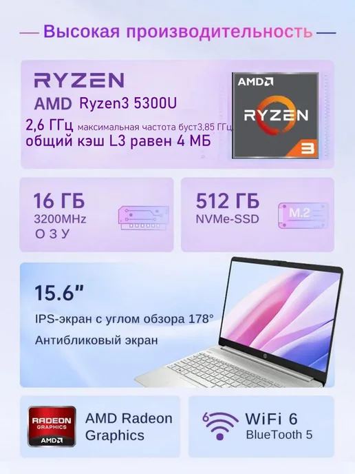 HP Ноутбук 15S Ryzen 3 5300 16G 512GB SSD 15.6"FHD, 16 г, 512 ГБ, фото 5
